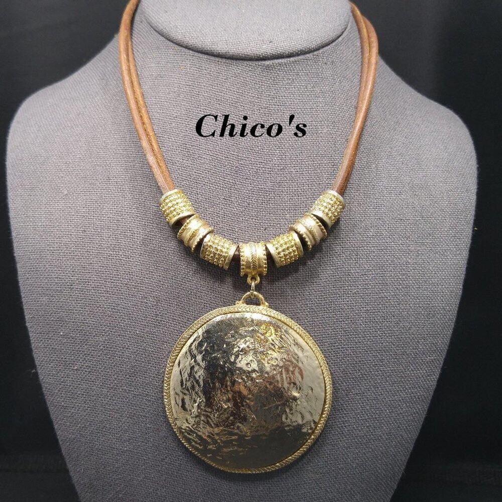Chico's Sliding Charms Hammered Pendant Necklace Brown Leather Suede Cords, 21"